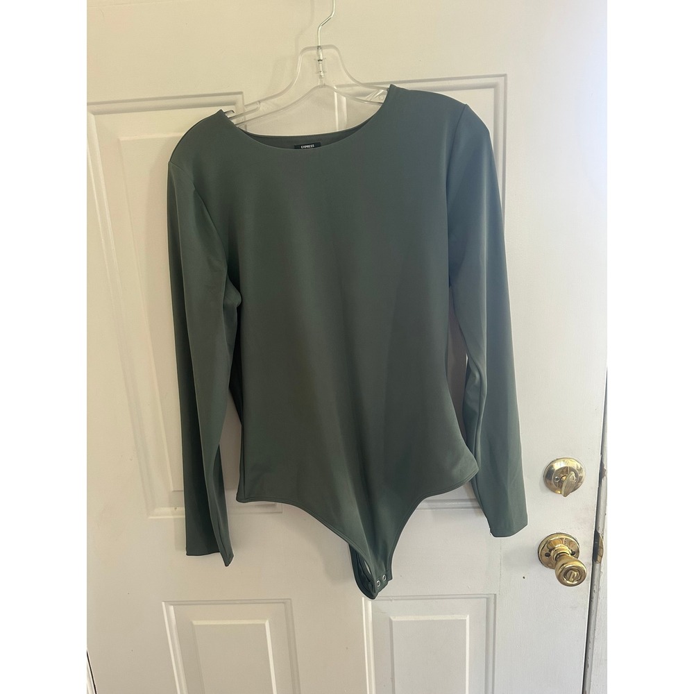 Express Body Contour Olive Green Long Sleeve Bodysuit Large Crew Neck Base Layer